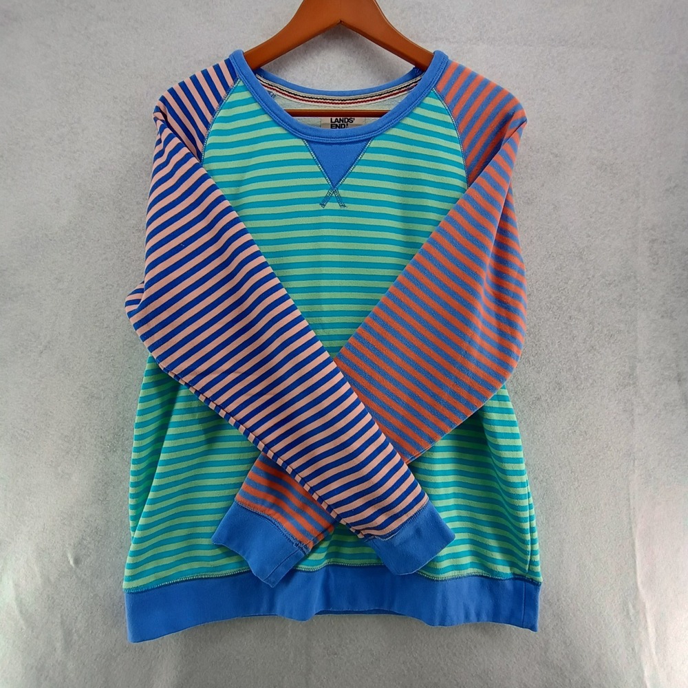 Lands End Serious Sweats Sweatshirt Womens Medium M Striped Raglan Pullover Blue
